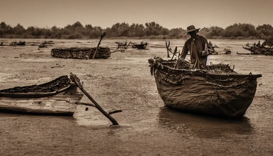 Prompt: a man in a organic barque on a mud river, leica sl 2 technicolor, heavy grain, high quality, high detail