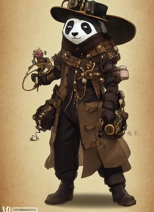 Image similar to a steampunk panda, character concept, character reference sheet. By Makoto Shinkai, Stanley Artgerm Lau, WLOP, Rossdraws, James Jean, Andrei Riabovitchev, Marc Simonetti, krenz cushart, Sakimichan, trending on ArtStation, digital art.