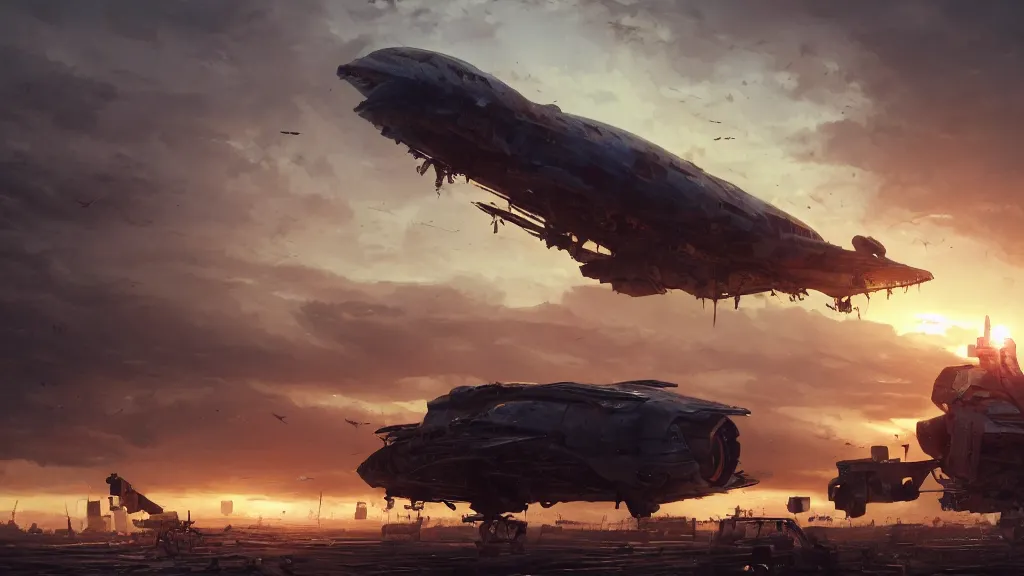 Image similar to a Photorealistic hyperrealistic render of a gigantic spaceship landing at a Junkyard by Greg Rutkowski,Vitaly Bugarov,Nicolas Bouvier SPARTH,James Paick,WLOP, Juan Gimenez,PIXAR,dramatic moody sunset lighting,long shadows,Volumetric, cinematic atmosphere, Octane Render,Artstation,8k