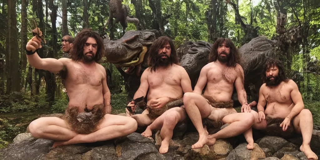 Image similar to photo, three hairy neanderthal people, sumo japanese, eating outside, surrounded by dinosaurs!, gigantic forest trees, sitting on rocks, bright moon, birthday cake on the ground, front view, emma! watson! is among them in bikini