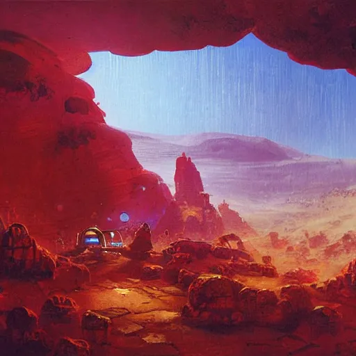 Prompt: a village hanging off a cliff on mars by paul lehr,