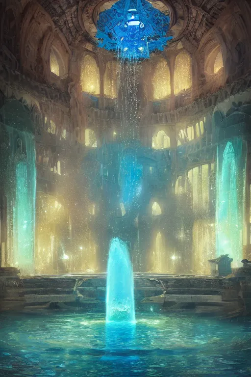 Image similar to inside of an atlantis palace, bioluminescent light, fountain, crystals, intricate, elegant, volumetric lighting, digital painting, highly detailed, artstation, sharp focus, illustration, concept art, ruan jia, steve mccurry