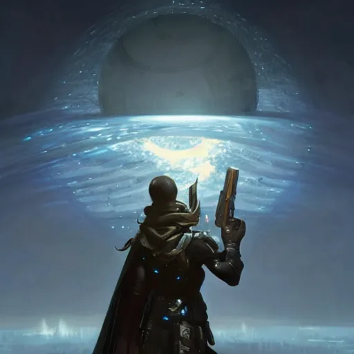 Prompt: A Hunter from Destiny overlooking the Last City with a giant white sphere in the sky, D&D, highly detailed, digital painting, artstation, concept art, sharp focus, illustration, art by artgerm and greg rutkowski and alphonse mucha