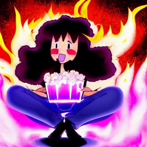 Image similar to fluffy popcorn hit by lightning, elemental spirit, in the style of a manga character, with a smiling face and flames for hair, sitting on a lotus flower, white background, simple, clean composition, symmetrical