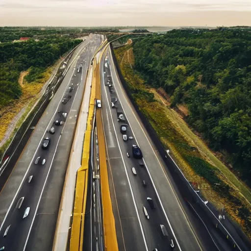 Image similar to banana-shaped car driving on busy highway, drone photograph