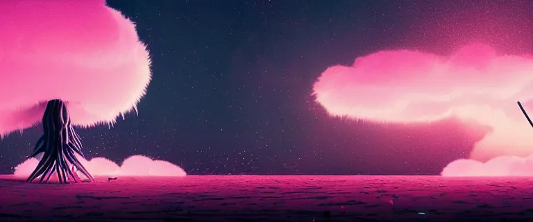 Image similar to a stick insect with glowing black patterns painted by Mike Winkelmann, fluffy clouds, pink girl, cotton candy, dreamy soft, rainbow