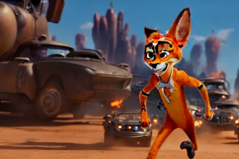 Image similar to nick wilde ( from zootopia ), heavily armed and armored facing down armageddon in a dark and gritty reboot from the makers of mad max : fury road