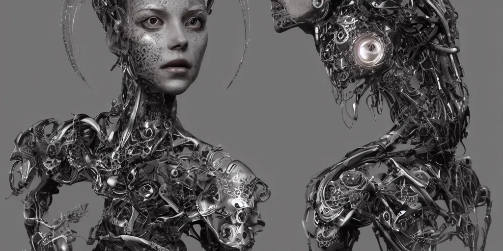 Prompt: photorealistic gorgeous symmetrical female cyborg, highly detailed, arms, knees, intricate, filigree, in the style of beth cavener, jin kagetsu, wlop, masterpiece, concept art, high key lighting, ambient lighting, octane render, 8 k, artstation