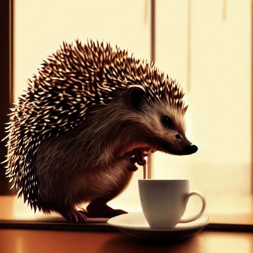 Image similar to photorealistic render of a hedgehog drinking coffee in the morning, by wlop, artgerm, greg rutkowski, alphonse mucha, beautiful dynamic dramatic dark moody lighting, shadows, cinematic atmosphere, artstation, concept design art, octane render, 8 k