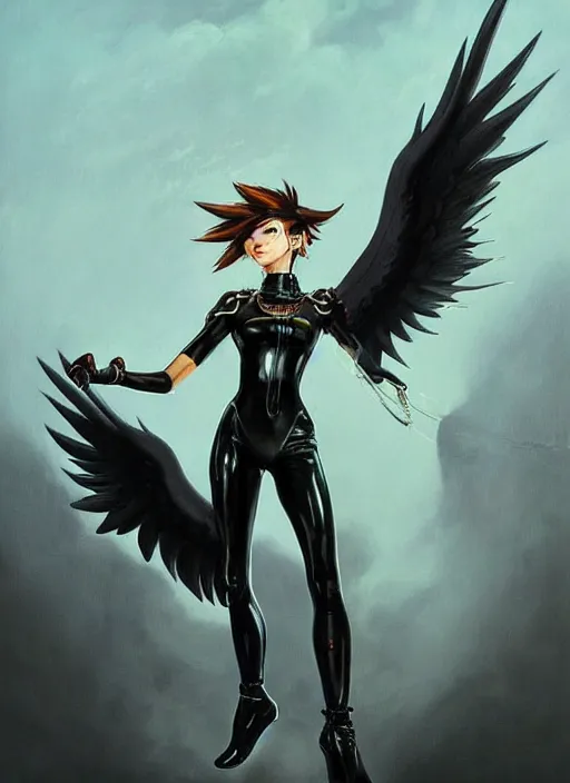 Image similar to full body artwork of tracer overwatch, wearing black latex outfit, in style of zdzisław beksinski, angel wings, dramatic painting, wearing detailed leather collar, black shiny armor, chains, black harness, detailed face and eyes,