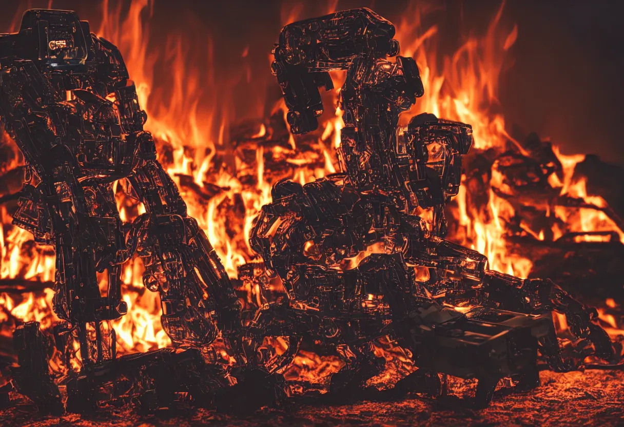 Image similar to An intimate closeup portrait photograph of one menacing cybertronic robot sitting on a frayed recliner in front of a single beautiful fireplace with a cozy fire