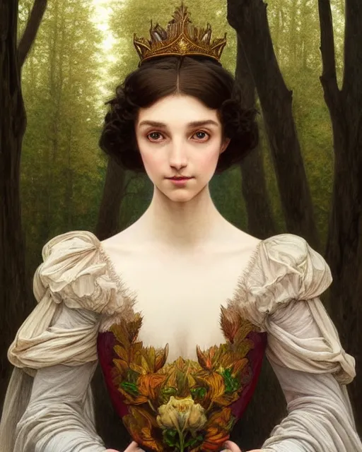 Image similar to symmetry portrait of welsh brunette fully clothed princess in young man's clothes, short hair, renaissance, forest background, intricate, elegant, highly detailed, digital painting, artstation, concept art, smooth, sharp focus, illustration, art by artgerm and greg rutkowski and fra angelico and alphons mucha
