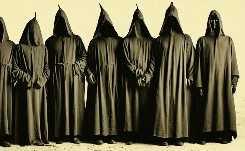 Prompt: a old grainy 1 8 0 0 s black and white photo of a group of demonic cultists, wearing robes, wearing hoods, performing a ritual, grainy, old photo, golden ratio, scary, horror photography, 5 0 mm lens, f 1. 8