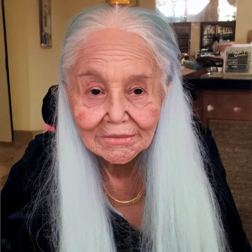 Prompt: an old person with ariana grande hair