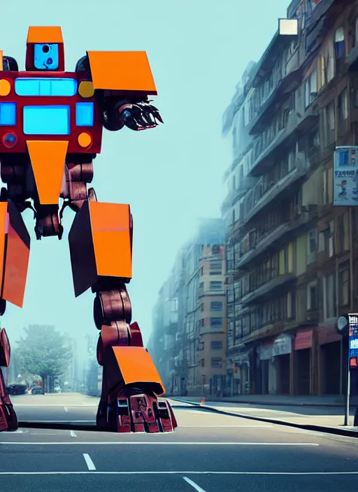 Image similar to a giant mecha robot made out of road signs walking down a street, photorealistic, highly detailed, hyper realistic, cinimatic, 8 k,