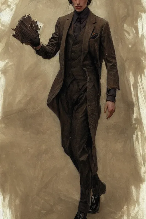 Image similar to skinny male fantasy scientist, long dark hair, 1 9 2 0 s, elegant, highly detailed, intricate, smooth, sharp focus, artstation, digital paining, concept art, art by donato giancola, greg rutkowski, artgerm, cedric peyravernay