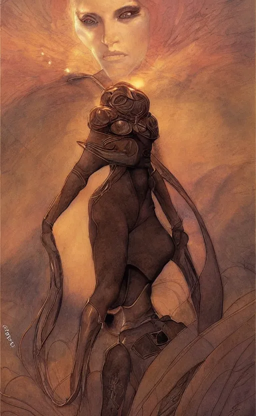 Image similar to beautiful female fremen on dune, by edgar maxence artgerm ross tran and michael whelan and gustav klimpt