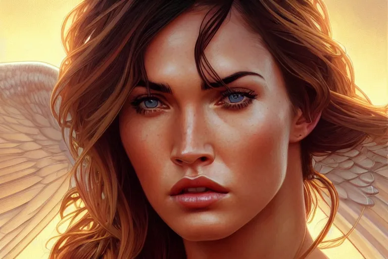 Image similar to portrait of megan fox as an blonde angel, wings, intricate, headshot, highly detailed, digital painting, artstation, concept art, sharp focus, cinematic lighting, illustration, art by artgerm and greg rutkowski, alphonse mucha, cgsociety