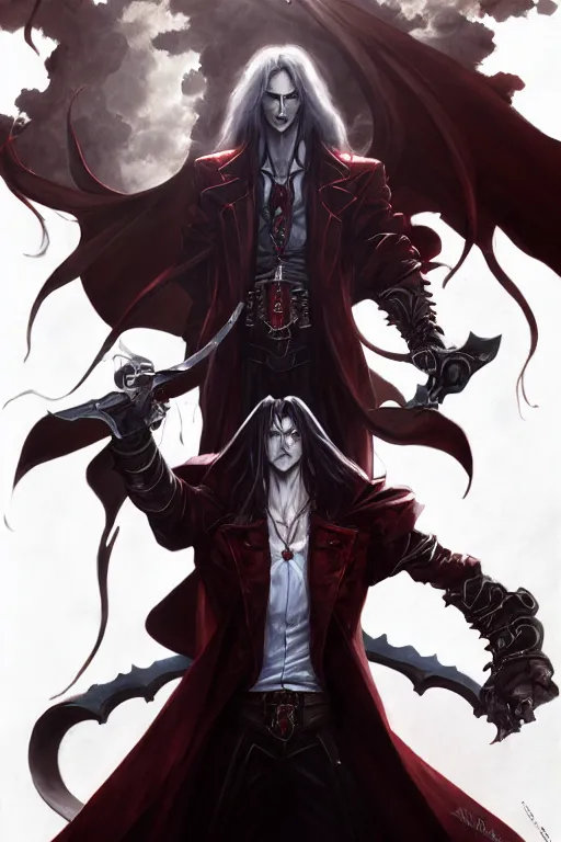 Image similar to alucard standing alone, castlevania, by stanley artgerm lau, wlop, rossdraws, james jean, andrei riabovitchev, marc simonetti, and sakimi chan, trending on artstation