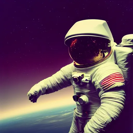 Prompt: photograph of an astronaut in space, singular light source from below, earth only visible below, darkness above, full body photo, amazing light and shadow contrast, 8 k