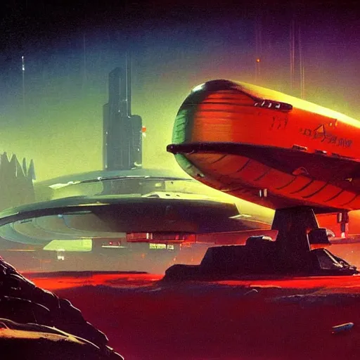 Image similar to a dark and colorful close - up of a sci - fi spaceship with led lights glowing fog in the background. highly detailed science fiction painting by norman rockwell, frank frazetta, and syd mead. rich colors, high contrast, gloomy atmosphere, dark background. trending on artstation