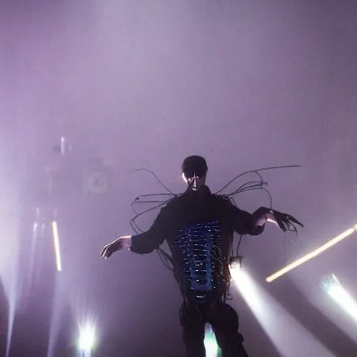 Prompt: dusty Trent Reznor, elaborate stage effects, dust, smoke, giant LED screens, colored projections, ultrafine detail, goth cybersuit, glowing thin wires, smoke, high contrast, projections, associated press photo, masterpiece