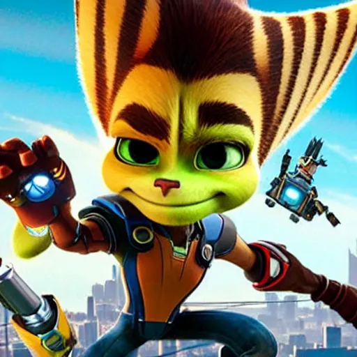 Image similar to ratchet and clank meets robert downey jr