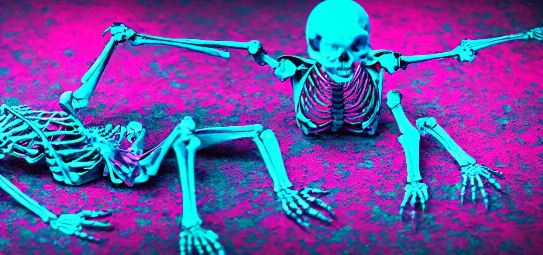 Image similar to the skeleton lies on the ground in front of the computer, magenta and blue, dof, neon