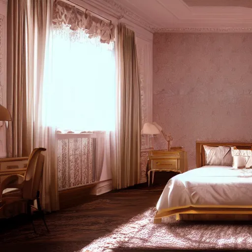 Image similar to surreal bedroom, ray traced, global illumination, high details, 8k