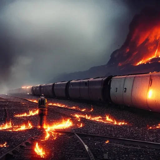 Prompt: a person at a trainwreck, devastation on the railroad, atmospheric smoke and fog, fire and flames, post-apocalyptic, Cinematic horror, high detail, 4k