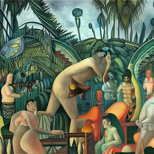 Image similar to high quality, high detail painting, renaissance, nan goldin, film noir, diego rivera, high garden scene with quetzalcoatl, hd, muted lighting