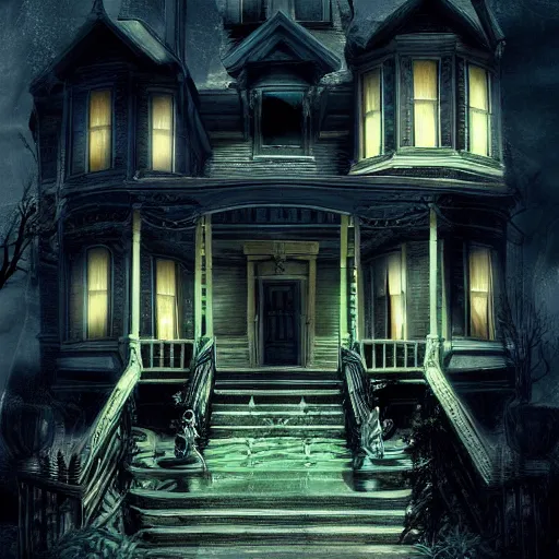 Image similar to Disney Haunted Mansion building scenes, fun, spooky, singing ghosts, 4k, photorealistic, high detail, hdr, atmospheric