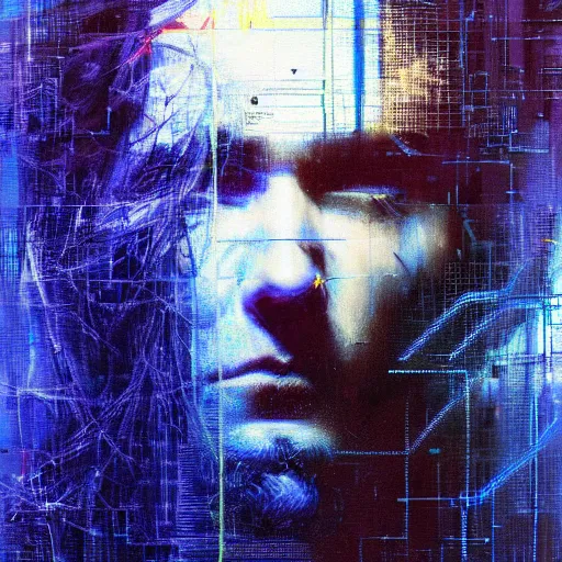 Prompt: hyperrealistic portrait of a cyberpunk man, long hair, by Guy Denning, Johannes Itten, Russ Mills, glitch art, glowing eyes, complex, hacking effects, glitch effects, looking straight, digital tech effects, cybernetics, detailed lines, chromatic, color blocking!, oil on canvas, highly detailed, symmetrical, octane, concept art, abstract, blue and black, 8k, cinematic, trending on artstation