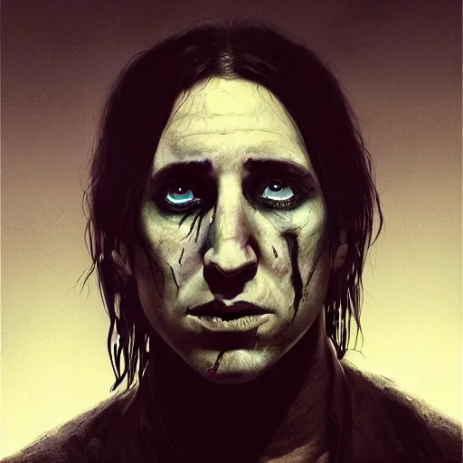 Image similar to color portrait of young and handsome trent reznor as a zombie with shoulder length hair, 7 days to die zombie, gritty background, fine art, award winning, intricate, elegant, sharp focus, cinematic lighting, digital painting, 8 k concept art, art by brom, art by guweiz and z. w. gu, art by michael hussar, 8 k