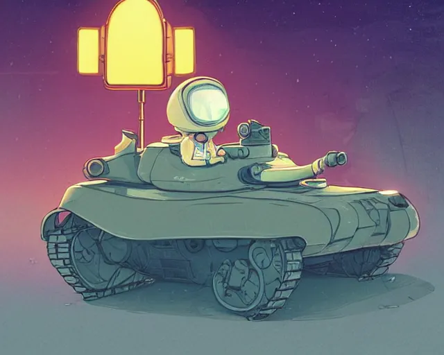 Prompt: a study of cell shaded cartoon of a chibi alien driving a tank on a country road, street lamps, road, illustration, wide shot, subtle colors, post grunge, concept art by josan gonzales and wlop, by james jean, victo ngai, highly detailed, sharp focus, trending on artstation, hq, deviantart, art by artgem