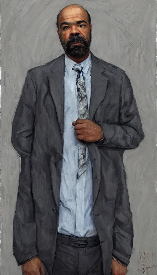 Prompt: Jeffrey Wright in dark grey jacket, mid grey, light blue shirt, black tie, in red dead redemntion 2, portrait, painting by Lucian Freud, edward rucha, rembrandt