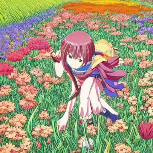 Prompt: A scene from an anime with characters in a field of flowers, close up, details, sharp focus, beautiful, intricate, digital illustration, by Akira Toriyama