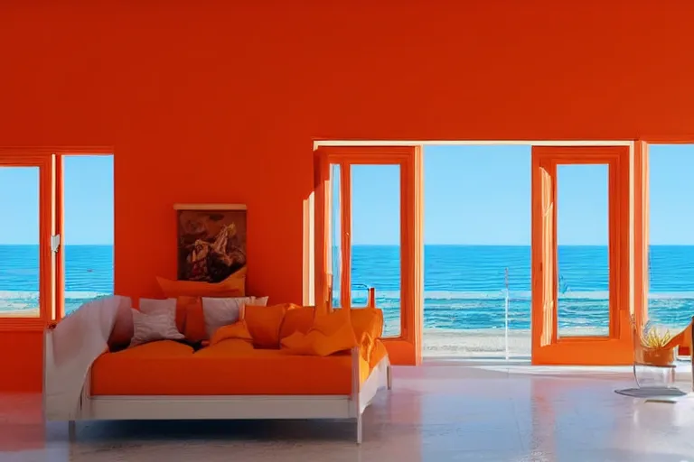 Prompt: a room with orange walls white floor contrabas, a big window with a view of the beach and sea, beautiful cinematic masterpiece very detailed