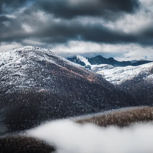 Image similar to cinematic view of mountains, snow, clouds, 8K