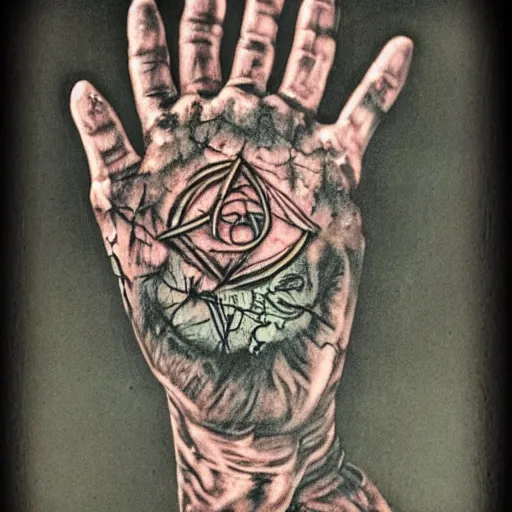 Image similar to the decaying open hand of power with phosphorescent skin and tattoos of glowing magick symbols