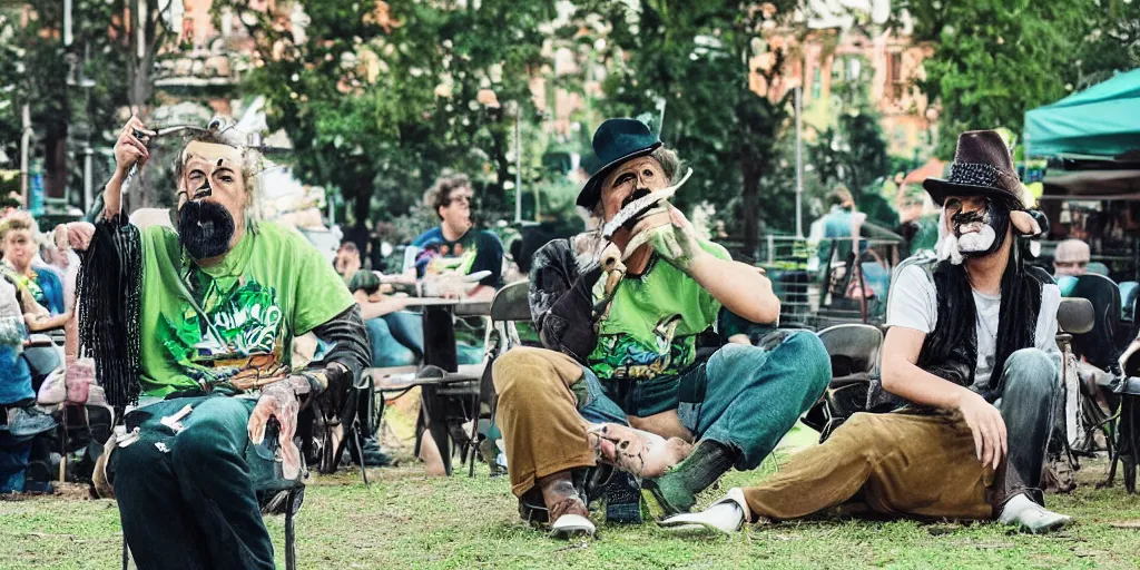 Image similar to a green-haired, funky, rustic, gentle metro dingo man with a Salvador Dali moustache mixes a band in the park