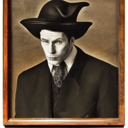 Prompt: a surrealism portrait of a man in a leather jacket with big shoulders and multiple hats on his head, 8k,