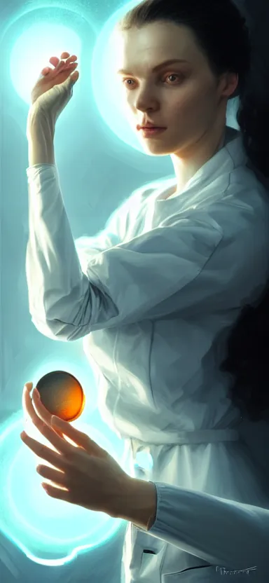 Image similar to a portrait art of a beautiful female scientist in a laboratory holding a small black hole in her hands, inspired art by istvan sandorfi and greg rutkowski, concept art, stylised, elegant, illustration, high quality, highly detailed, long hair, digital art, futuristic art style, artstation