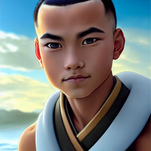 Image similar to beautiful serene intricate portrait of sokka from the water tribe as an inuit young man, dark hair, light blue eyes, smiling softly, relaxing on the beach, golden hour, soft focus, 8 k, art by irakli nadar, hyperrealism, hyperdetailed, ultra realistic