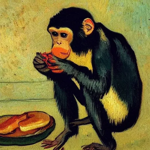 Prompt: a beautiful oil painting of a beautiful young monkey eating a rat sandwich , 8k , award winning , made in 1800's , old , painted by vincent van gogh
