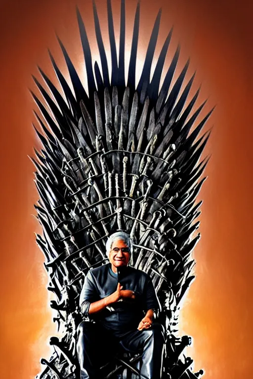 Image similar to Ranil Wickramasinghe sitting on the iron throne, digital art, dark color scheme