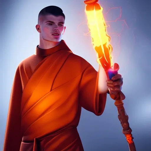 Prompt: Max Verstappen wearing monks outfit holding a glowing fire magical staff. Trending on Artstation, octane render, ultra detailed, art by Ross tran