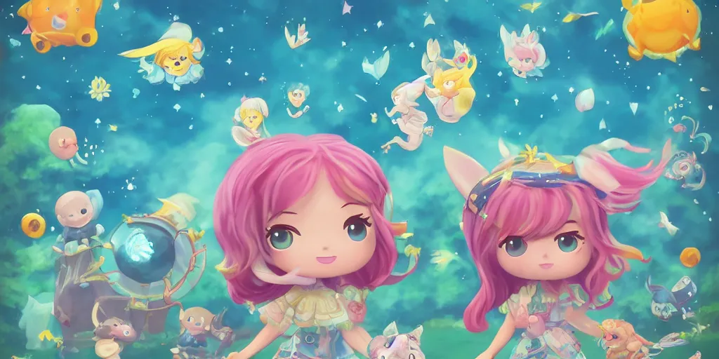 Image similar to Aquarius as a cute character playing in a magical field surrounded by super super cute creatures, funko pop, digital art, artstation, cinematic photo, ratio 16:9