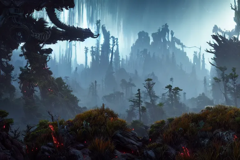 Image similar to wide epic shot from horizon forbidden west with a view on a hyper detailed organic mechanic creatuve realistic similar look as horizon forbidden west horizon zero dawn, bioluminiscence in a dark deep forest at dawn in spring, with reflection and textures, by kilian eng, substance painter reaslitic mech surface metal painted scratches, world env from horizon forbidden west horizon zero dawn