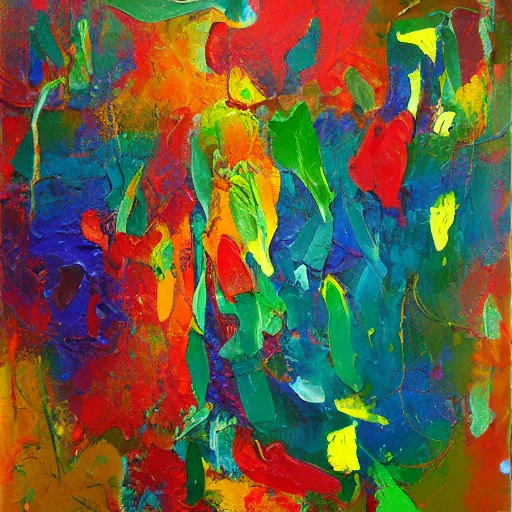 Image similar to a beautiful abstract colorful organic painting, heavy impasto, gestural, impasto